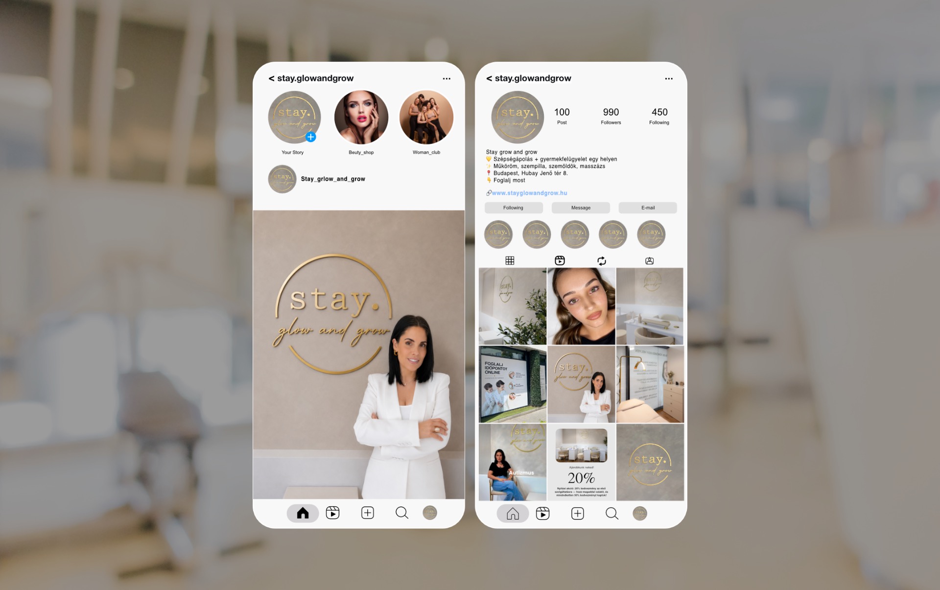 Egységes Instagram-megjelenés telefonos mockupon – social média arculat