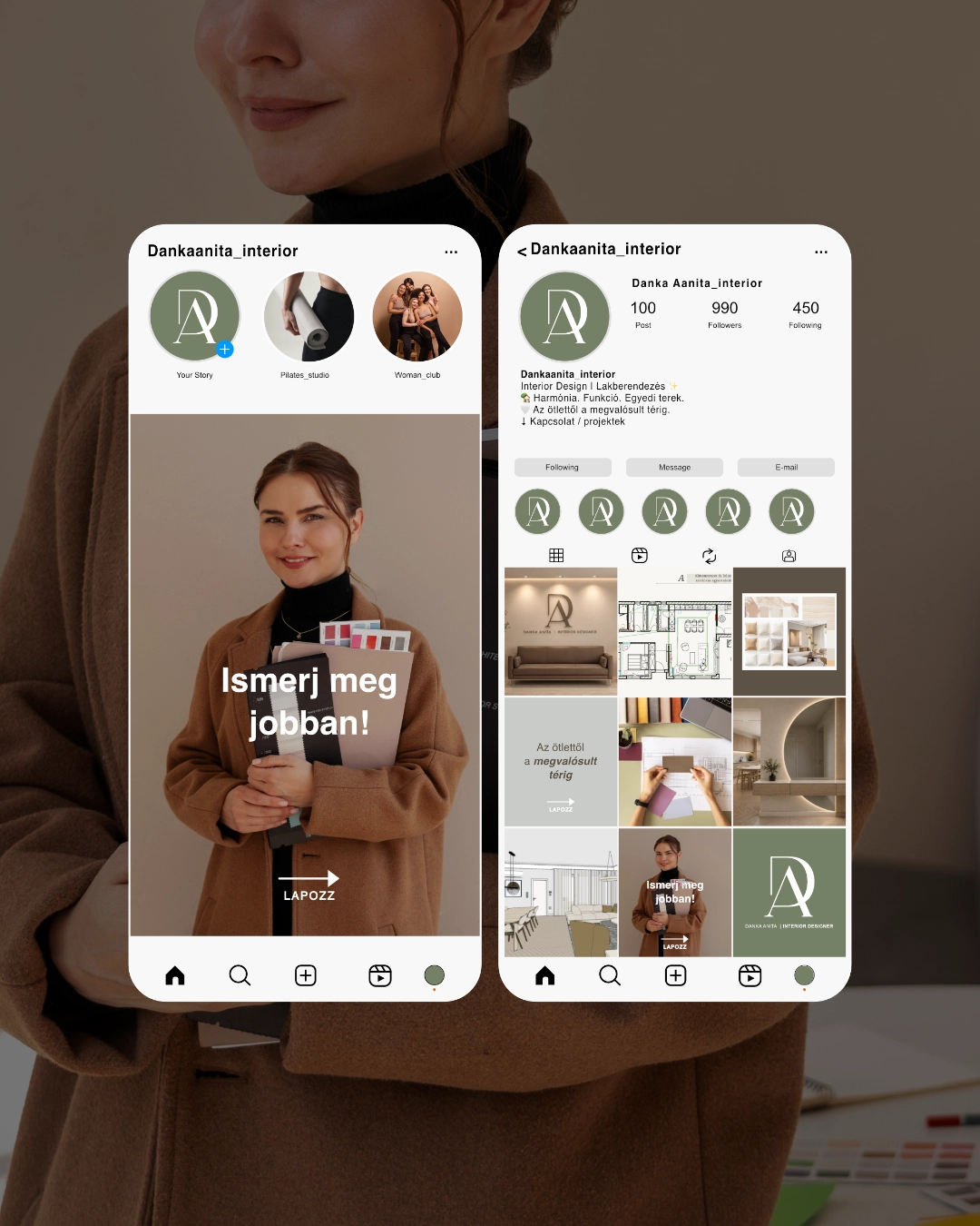 Danka Anita belsőépítész Instagram-megjelenése telefonokon – social media design
