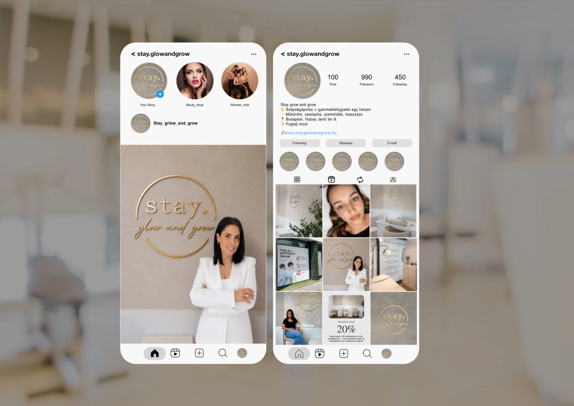 Stay glow and grow szépségszalon egységes Instagram-megjelenése
