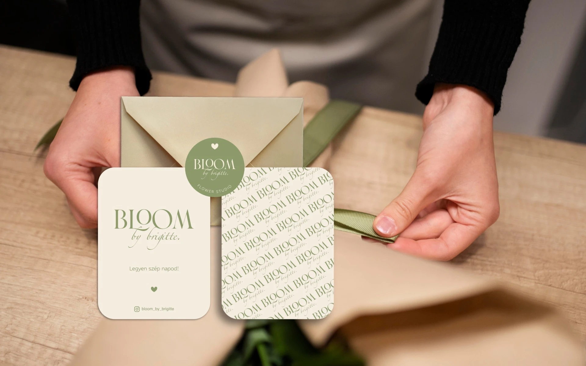 Bloom by Brigitte virágstúdió kártyái, matricája és borítékja