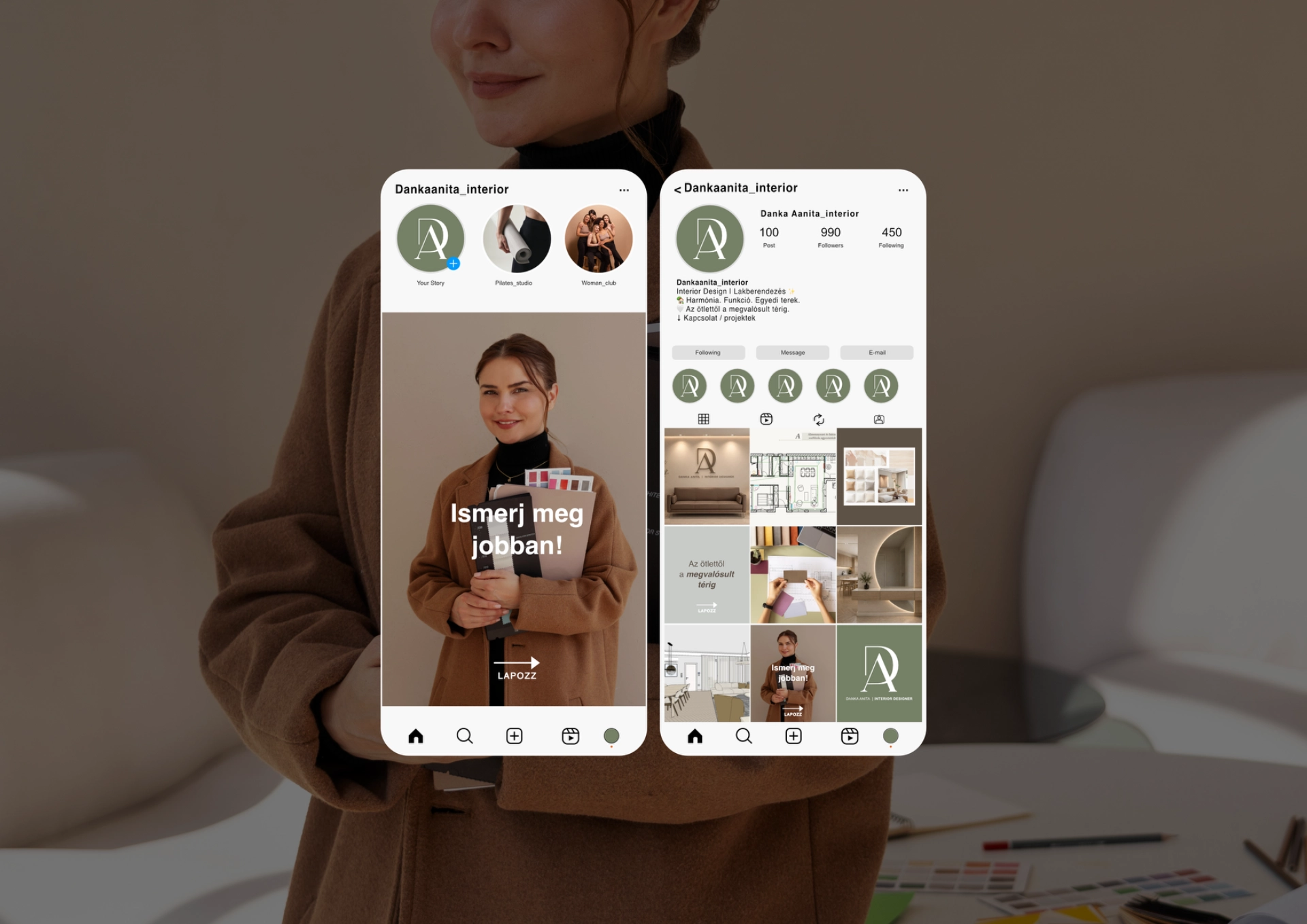Danka Anita belsőépítész Instagram-arculata telefonokon