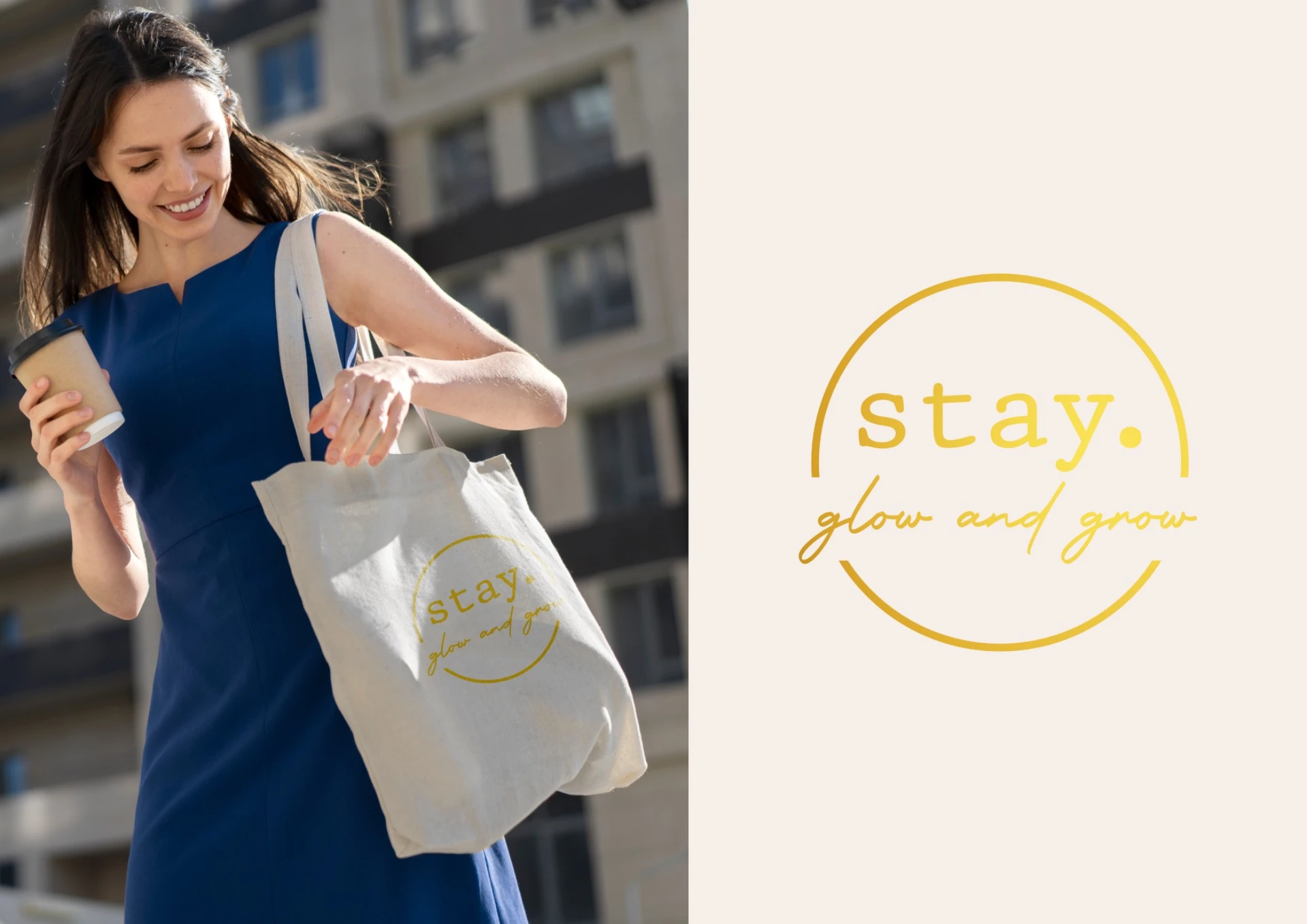 Stay glow and grow logós vászontáska és arany logó